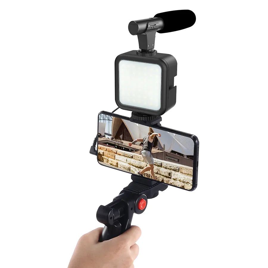 Vlogging Camera Kit for Live Streaming– Mini Tripod, Microphone, Phone Holder, LED Light