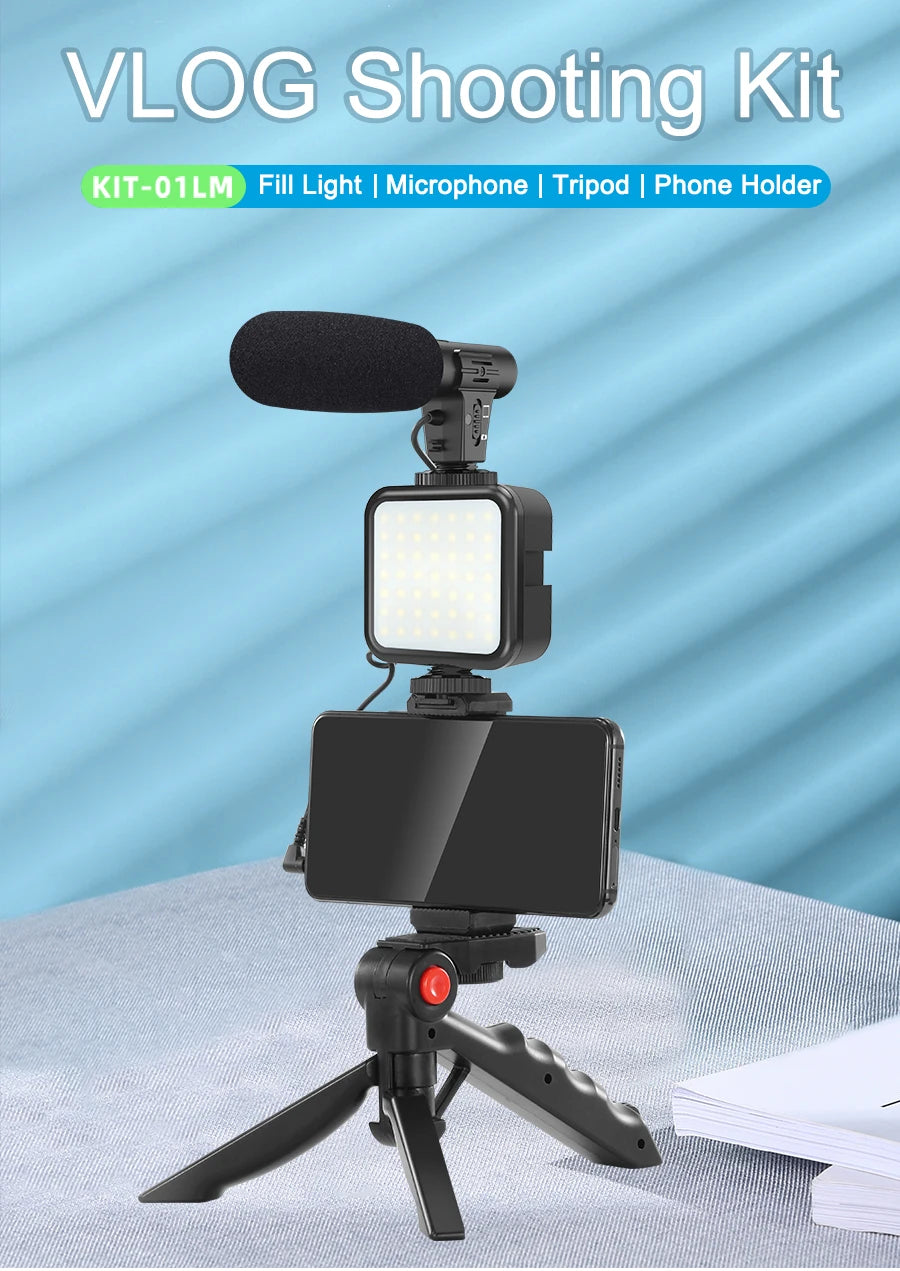 Vlogging Camera Kit for Live Streaming– Mini Tripod, Microphone, Phone Holder, LED Light