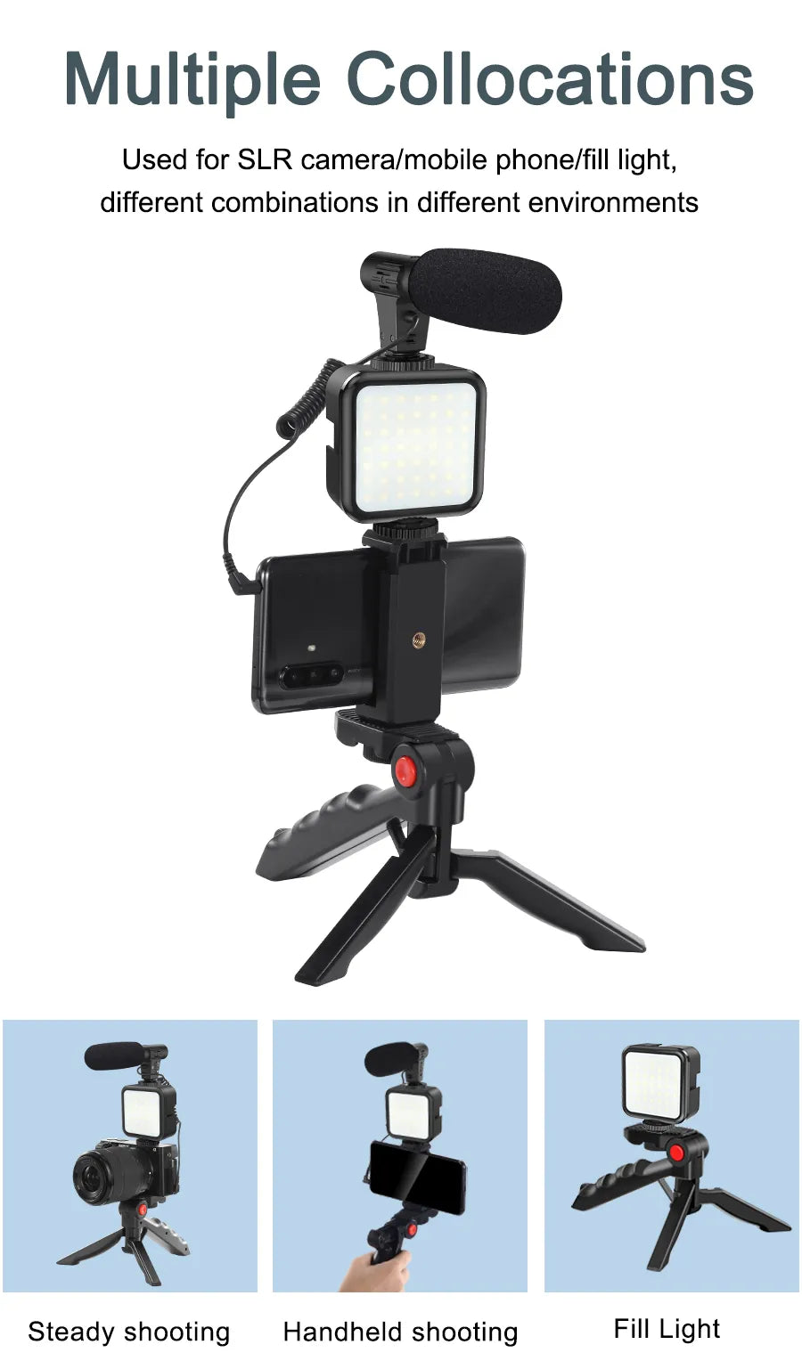 Vlogging Camera Kit for Live Streaming– Mini Tripod, Microphone, Phone Holder, LED Light